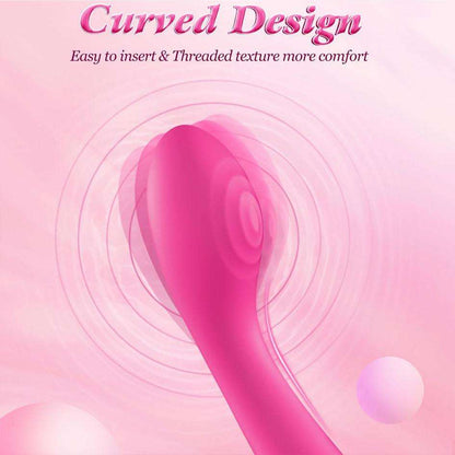 Curved pink G Spot vibrator with flexible design and textured surface for enhanced comfort.