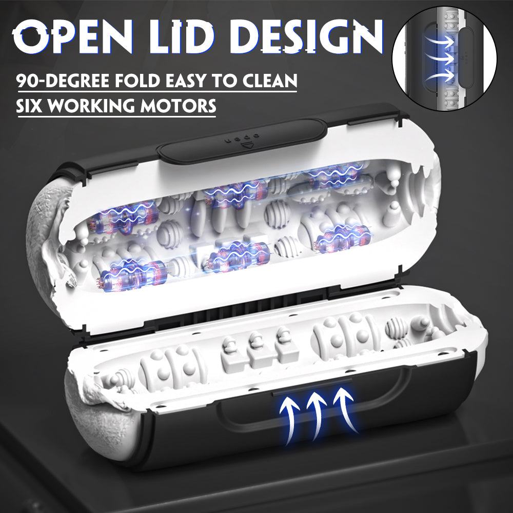 Suction vibrating male masturbator with open lid design, showcasing six vibration motors for an enhanced experience.