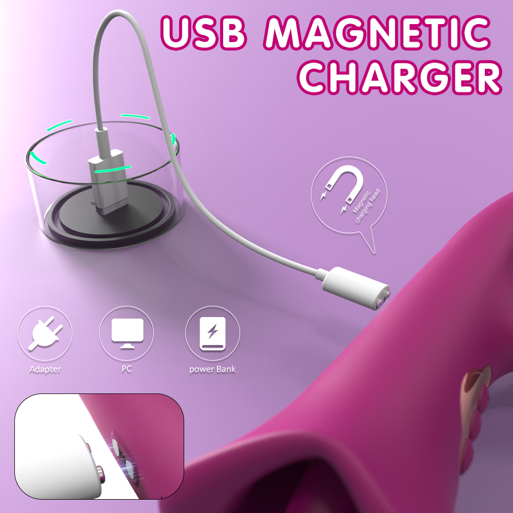 Suction vibrating dual passion CG wand with USB magnetic charger and unique lip-shaped design.