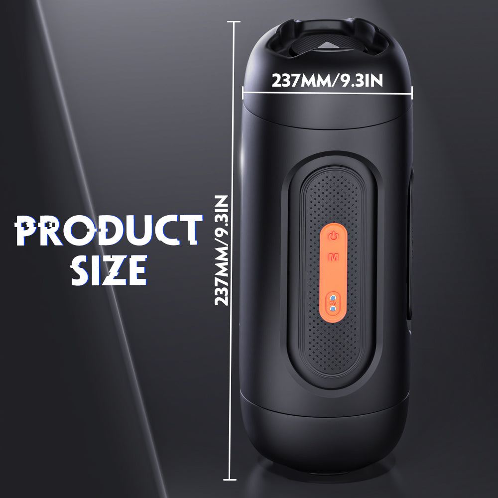 Suction vibrating male masturbator with speaker-shaped design, 9.3-inch product size.