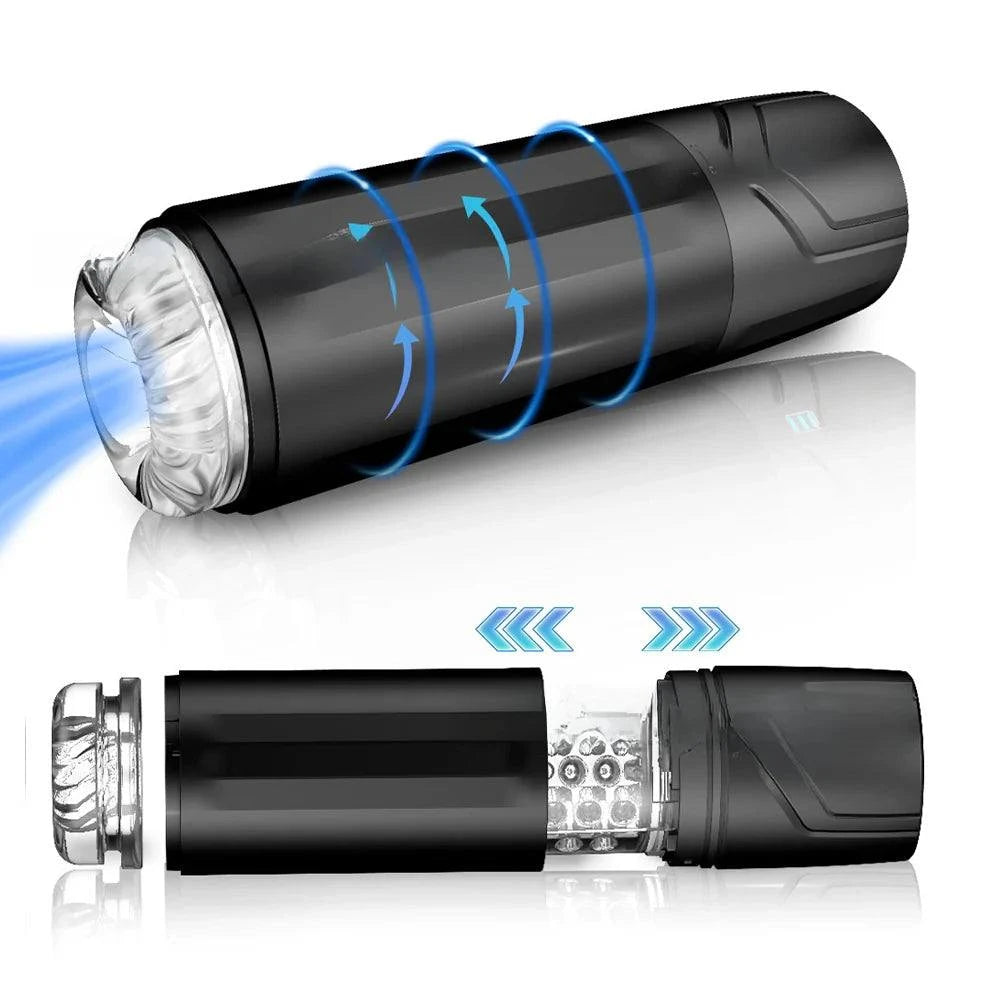 2-in-1 sucking male masturbator with transparent pump and visible pocket pussy, showcasing detachable design and waterproof features.