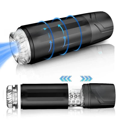2-in-1 sucking male masturbator with transparent pump and visible pocket pussy, showcasing detachable design and waterproof features.
