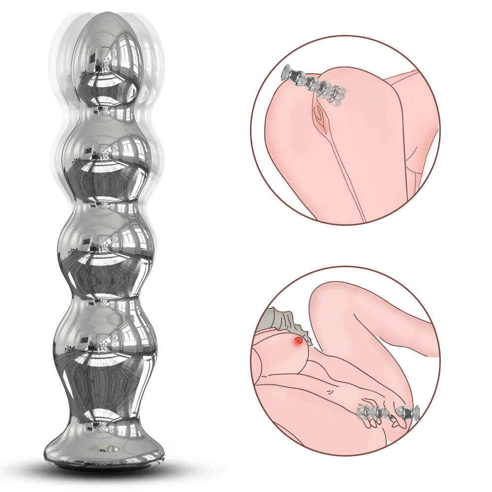 Stylish metallic anal plug with silicone and acrylic beads for dual entry experience.