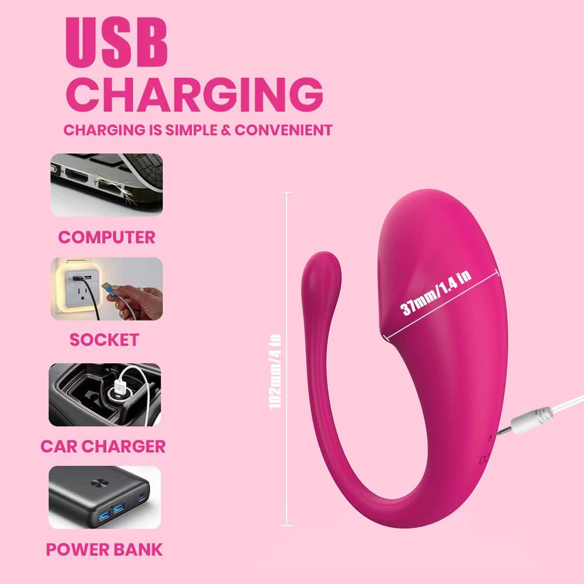 Tadpole APP vibrator with wireless remote, USB charging options displayed.