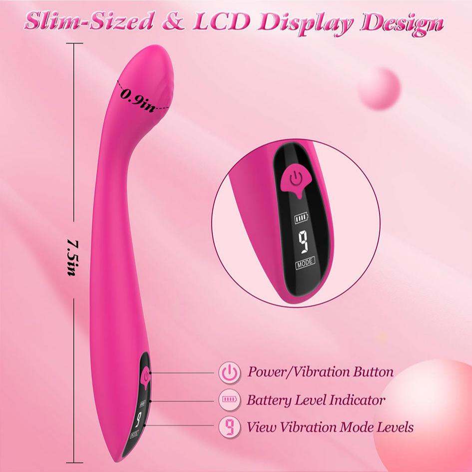Pink G Spot vibrator with LCD display, silicone body, and 9 vibration modes.