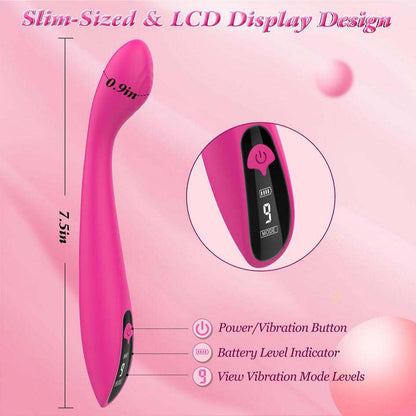 Pink G Spot vibrator with LCD display, silicone body, and 9 vibration modes.