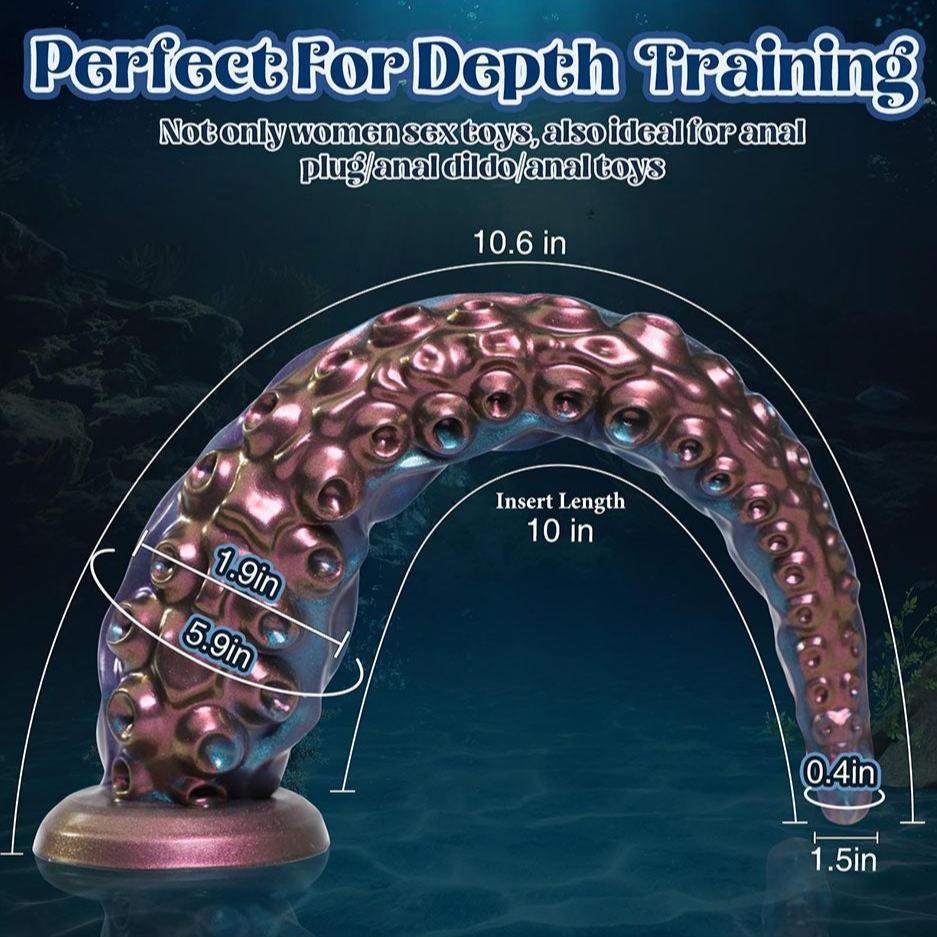 Tentacle dildo sex toy with suction cup, curved shape, octopus sucker details, and 10-inch insertable length for depth training.