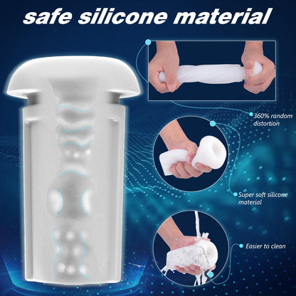 Safe silicone material of Blowmotion Suction Vibrating Male Masturbator, featuring 360-degree flexibility, super soft texture, and easy-to-clean design.