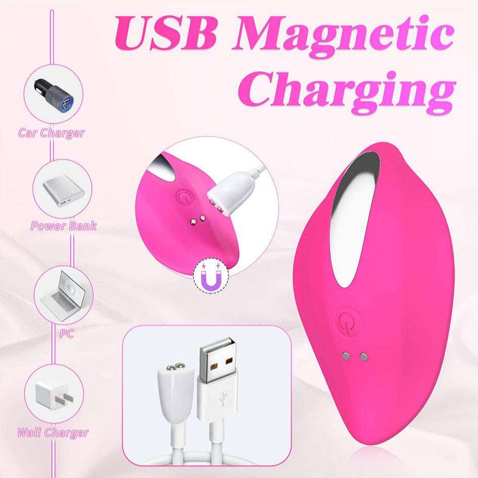 Wearable panty vibrator with USB magnetic charging, suitable for car charger, power bank, PC, and wall charger.