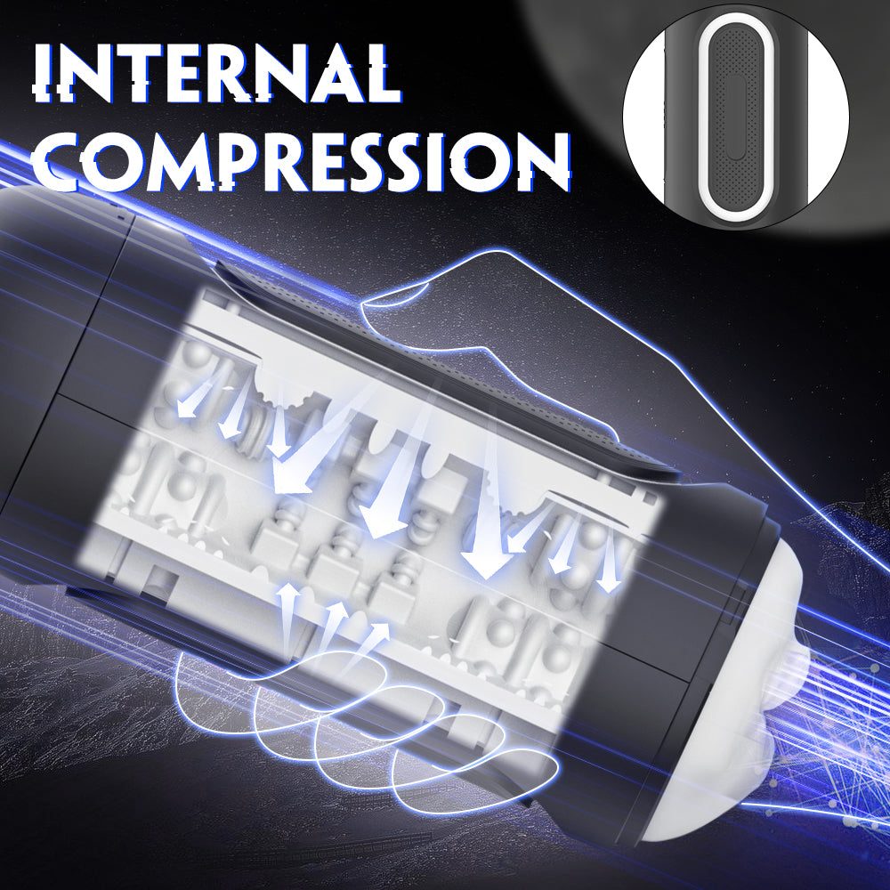 Suction Vibrating Male Masturbator with multi-motor vibrations and manual squeeze control for adjustable tightness.