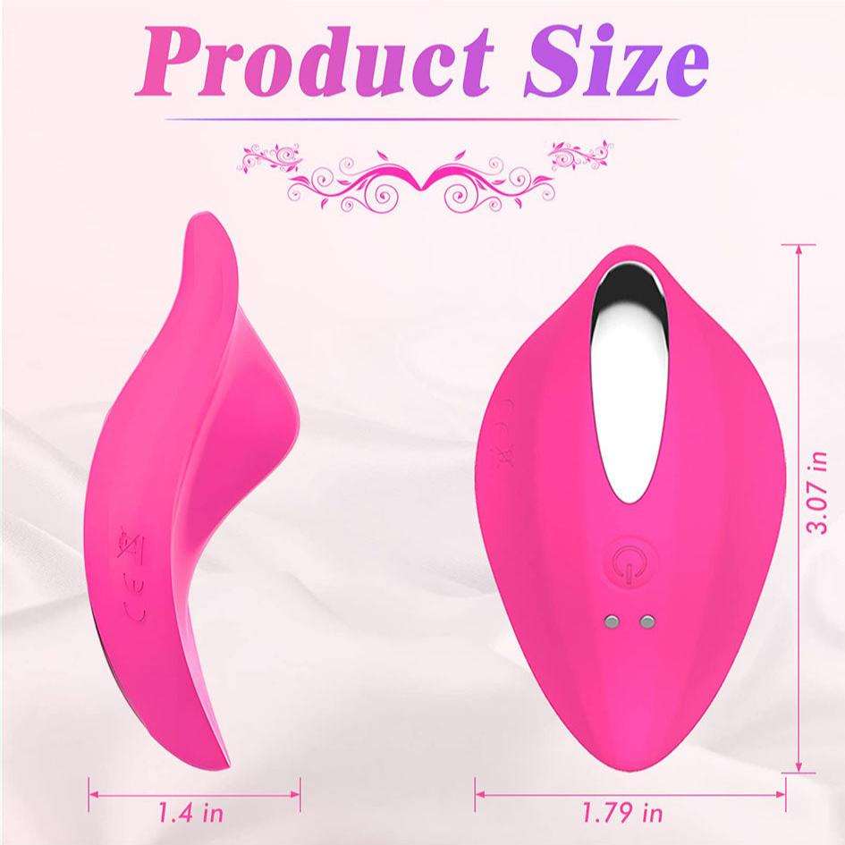 Wearable panty vibrator in pink, sleek design, product size dimensions shown.