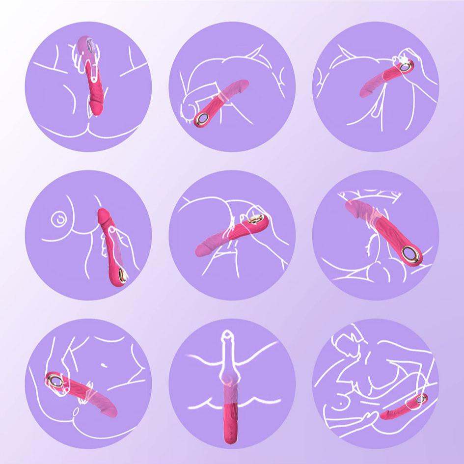 Realistic vibrator dildo with 10 vibration modes and USB charging, shown in various usage positions.