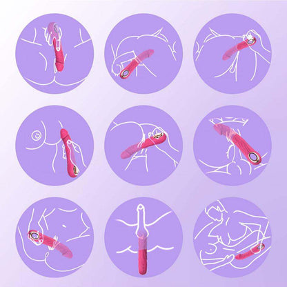 Realistic vibrator dildo with 10 vibration modes and USB charging, shown in various usage positions.