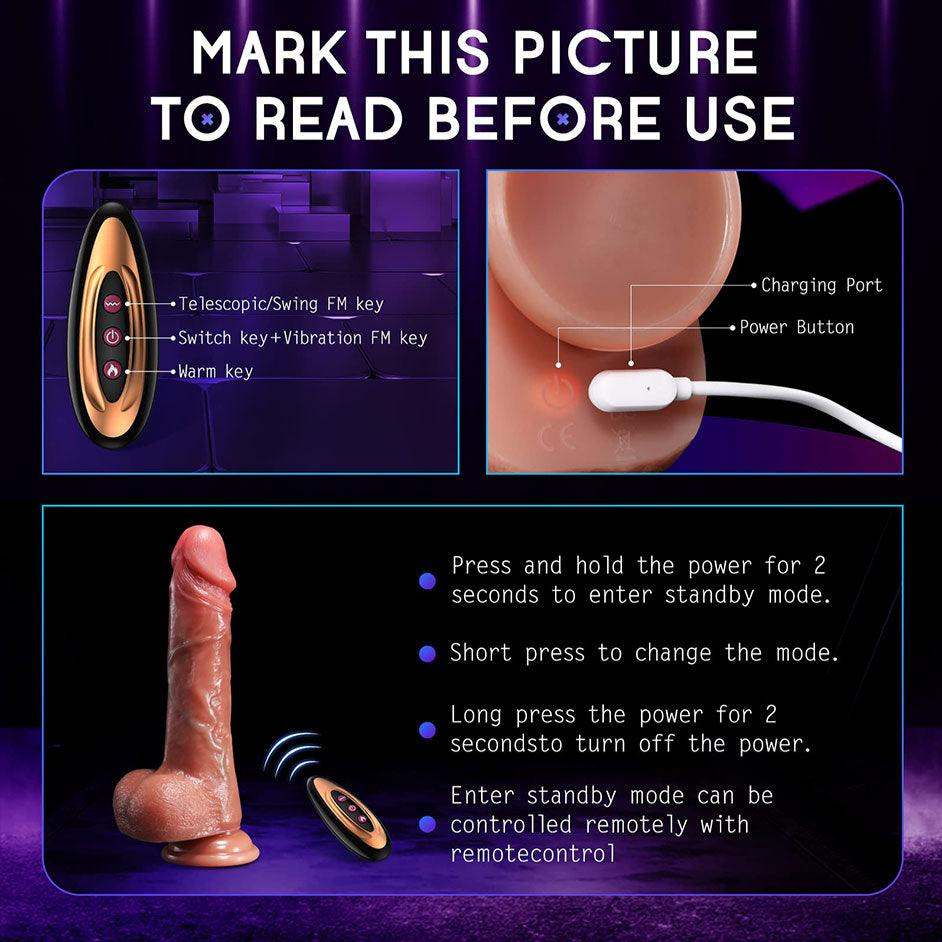 Thrusting dildo vibrator with remote control and USB charging instructions.
