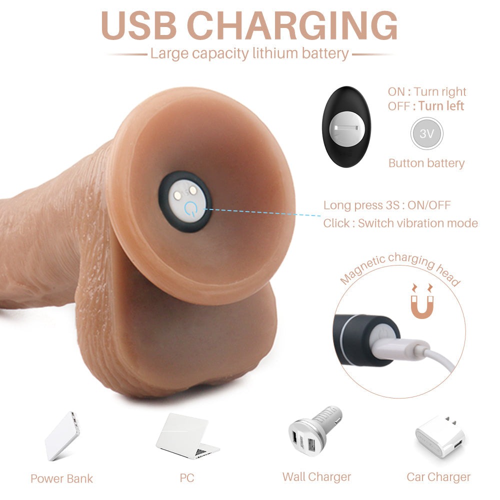 Realistic dildo pump with USB charging showing large capacity battery and magnetic charging head.