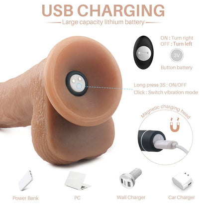 Realistic dildo pump with USB charging showing large capacity battery and magnetic charging head.