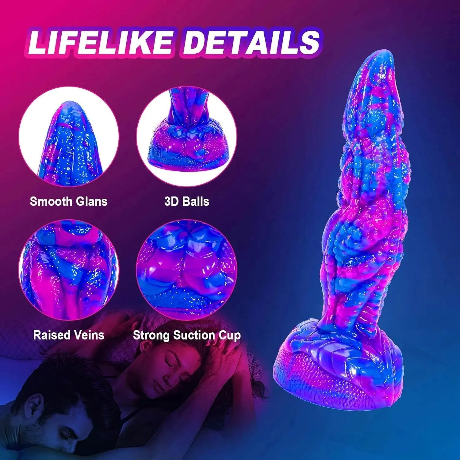 8" monster dildo with lifelike details, smooth glans, and strong suction cup, sky-blue color, adult toy.