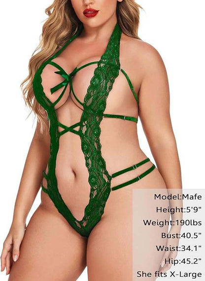 Avidlove Women Deep V Halter Lingerie Teddy One Piece Bodysuit in lace with bow embellishment, featuring adjustable straps and backless design.