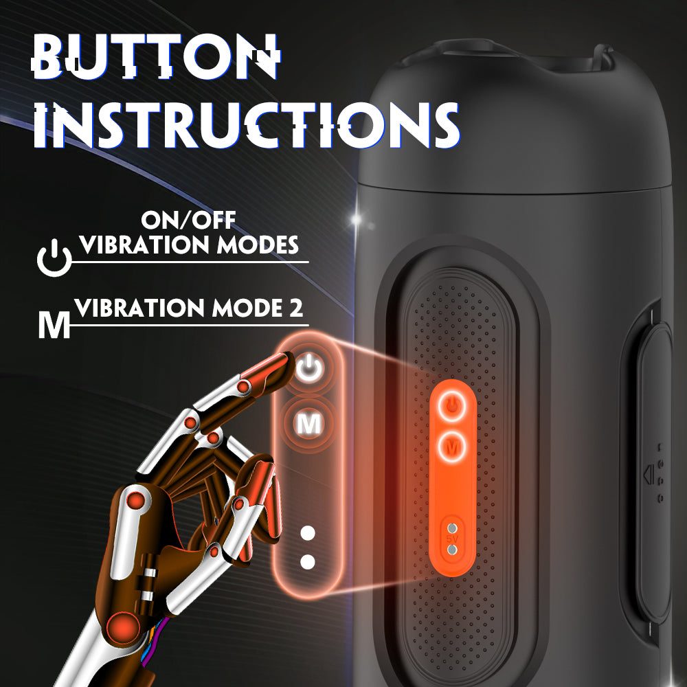 Suction vibrating male masturbator with button instructions and speaker-shaped design.