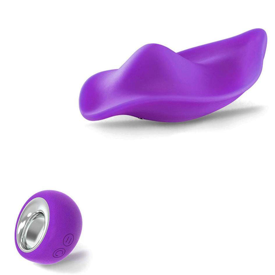 Purple wearable panty vibrator with remote control, made of supple silicone, designed for discreet and pleasurable use.