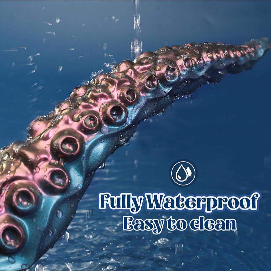Colorful tentacle dildo underwater showcasing suction cups and waterproof design.