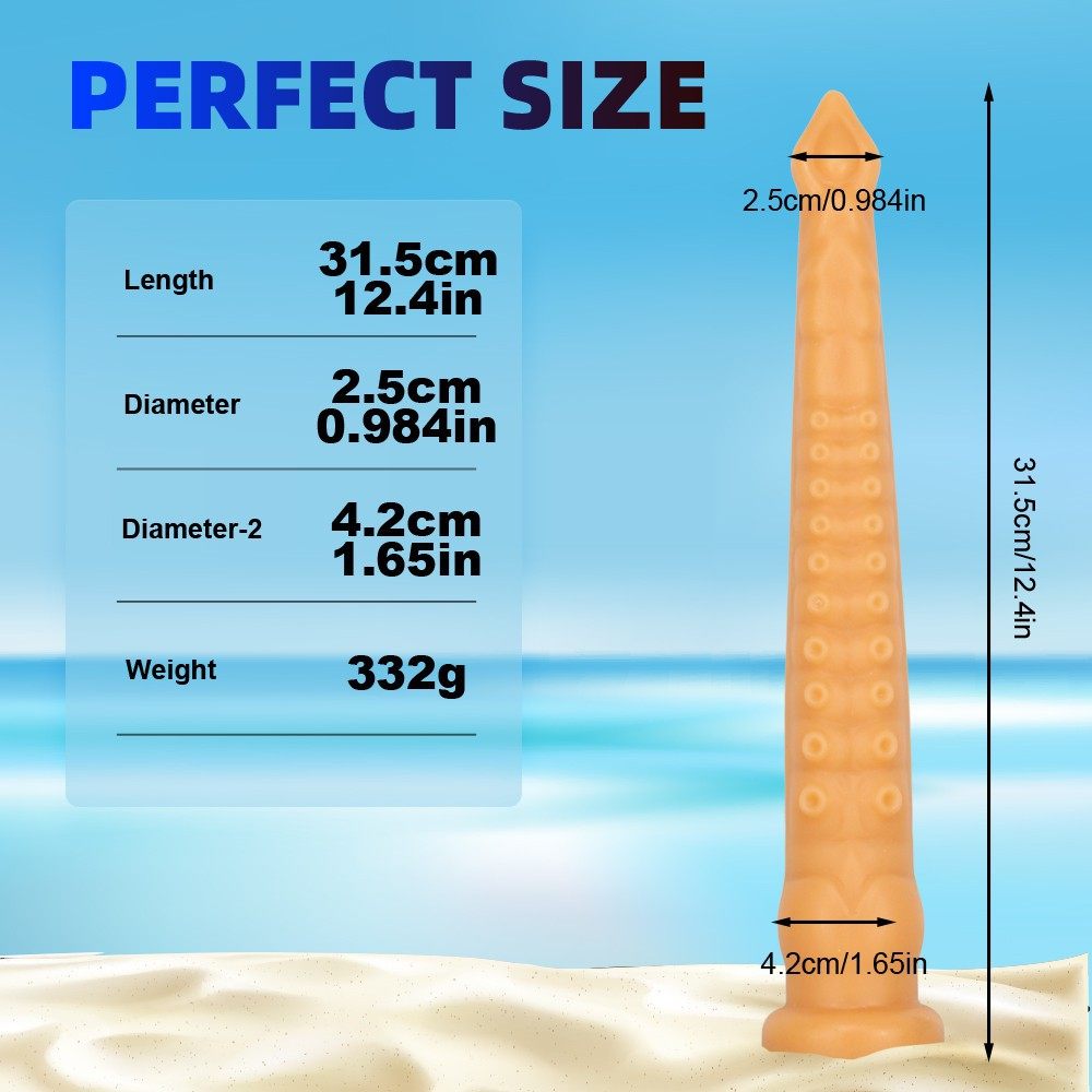 Soft and super-sized tentacle dildo with detailed dimensions, made from safe liquid silicone.
