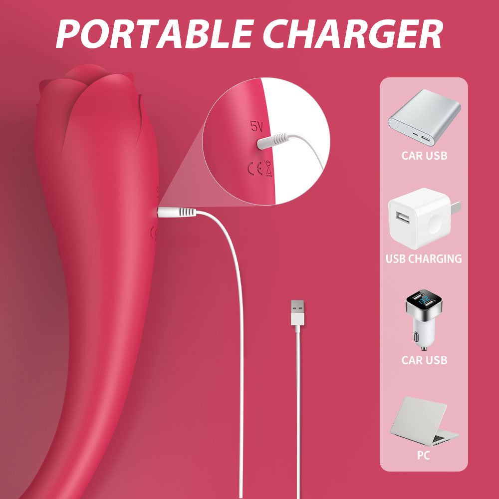 Flower-shaped dildo with clitoral and G-spot stimulation, featuring textured veins, lifelike details, and USB charging.