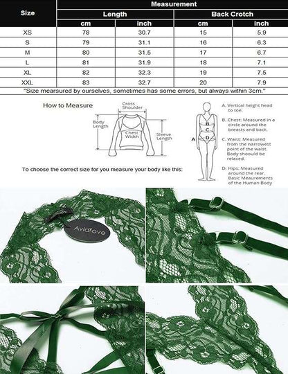 Avidlove Women Deep V Halter Lace Bodysuit in green, with adjustable straps and lace pattern details.