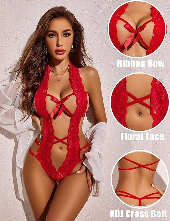 Avidlove Women Deep V Halter Lace Bodysuit with Floral Lace and Ribbon Bow Design.