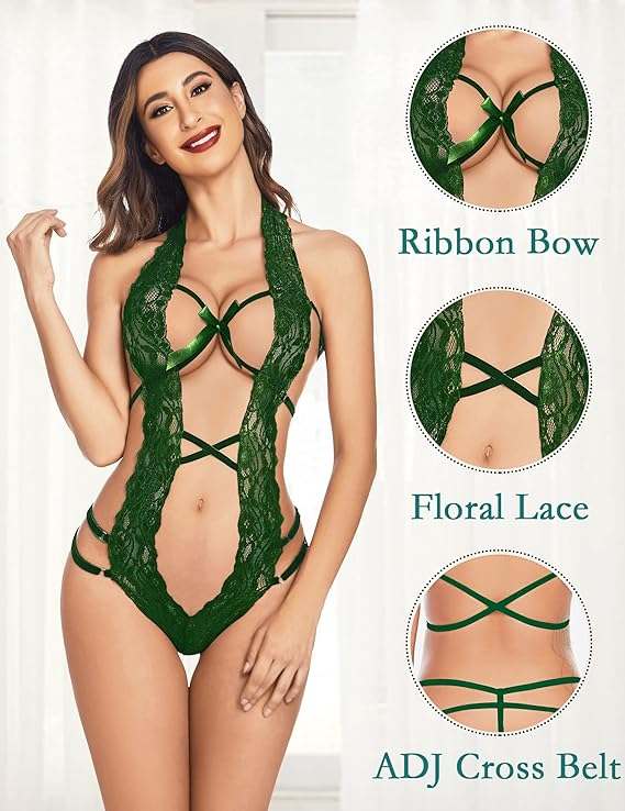Avidlove Women Deep V Halter Lace Lingerie Bodysuit in green with floral lace and ribbon bow accents.