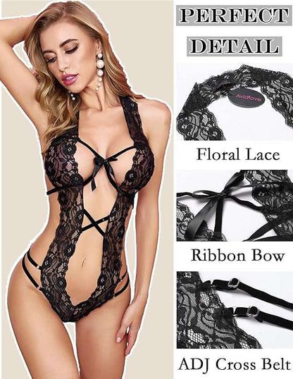 Avidlove Women Deep V Halter Lingerie Lace Bodysuit with Floral Lace and Ribbon Bow Details