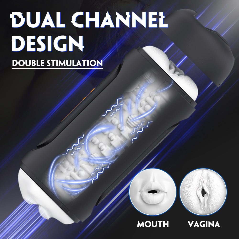 Suction vibrating male masturbator with dual channel design for double stimulation, featuring a realistic mouth shape and removable parts for easy cleaning.