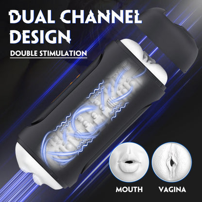 Suction vibrating male masturbator with dual channel design for double stimulation, featuring a realistic mouth shape and removable parts for easy cleaning.