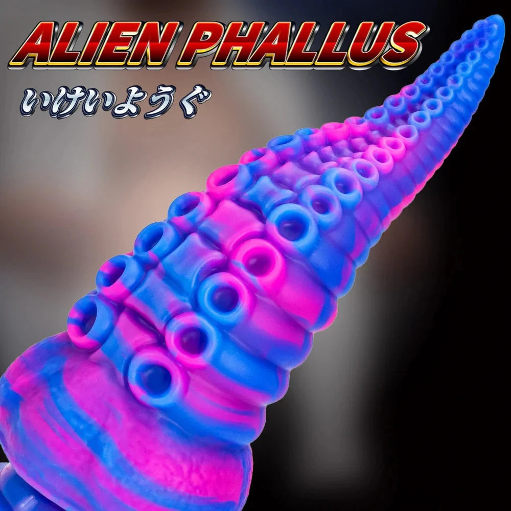 8" sky-blue tentacle dildo with suction cup, lifelike design for G-spot stimulation and versatile play.