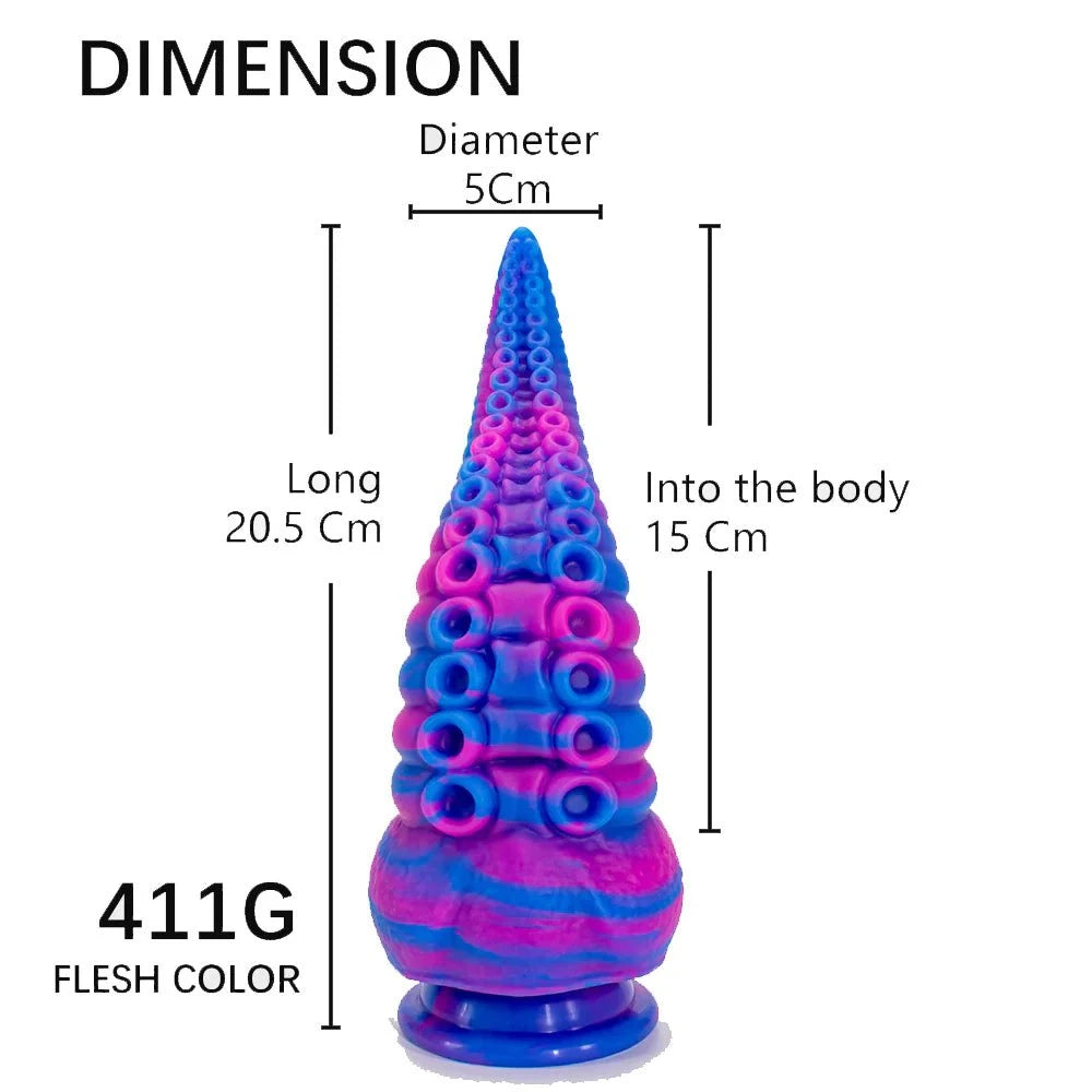 8" blue monster dildo with suction cup, 20.5cm length, 5cm diameter, silicone material.