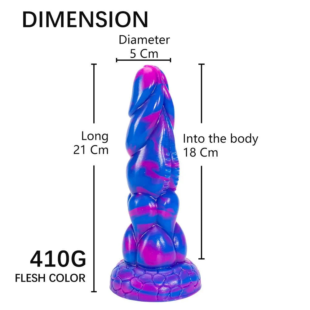 8" blue monster dildo with suction cup, tentacle design, body-safe silicone, 21cm length, 5cm diameter.