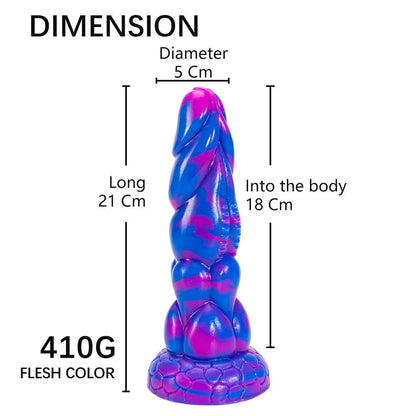 8" blue monster dildo with suction cup, tentacle design, body-safe silicone, 21cm length, 5cm diameter.