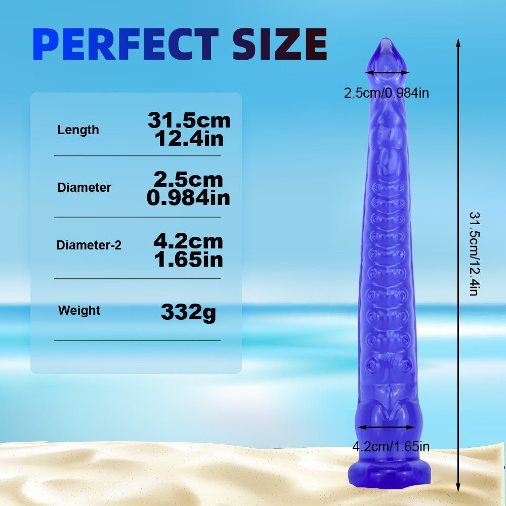 Soft and super-sized tentacle dildo for women, 12.4 inches long, crafted from safe liquid silicone for deep pleasure.