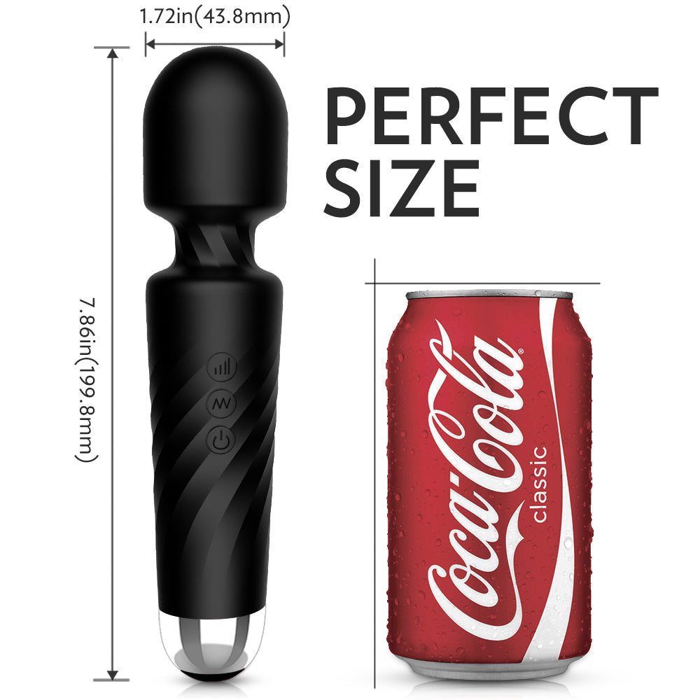Magic Wand Rechargeable powerful cordless vibrator with flexible neck and high-speed patterns next to a soda can for size comparison.
