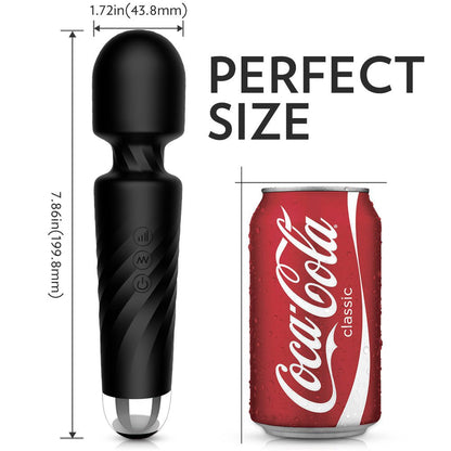 Magic Wand Rechargeable powerful cordless vibrator with flexible neck and high-speed patterns next to a soda can for size comparison.