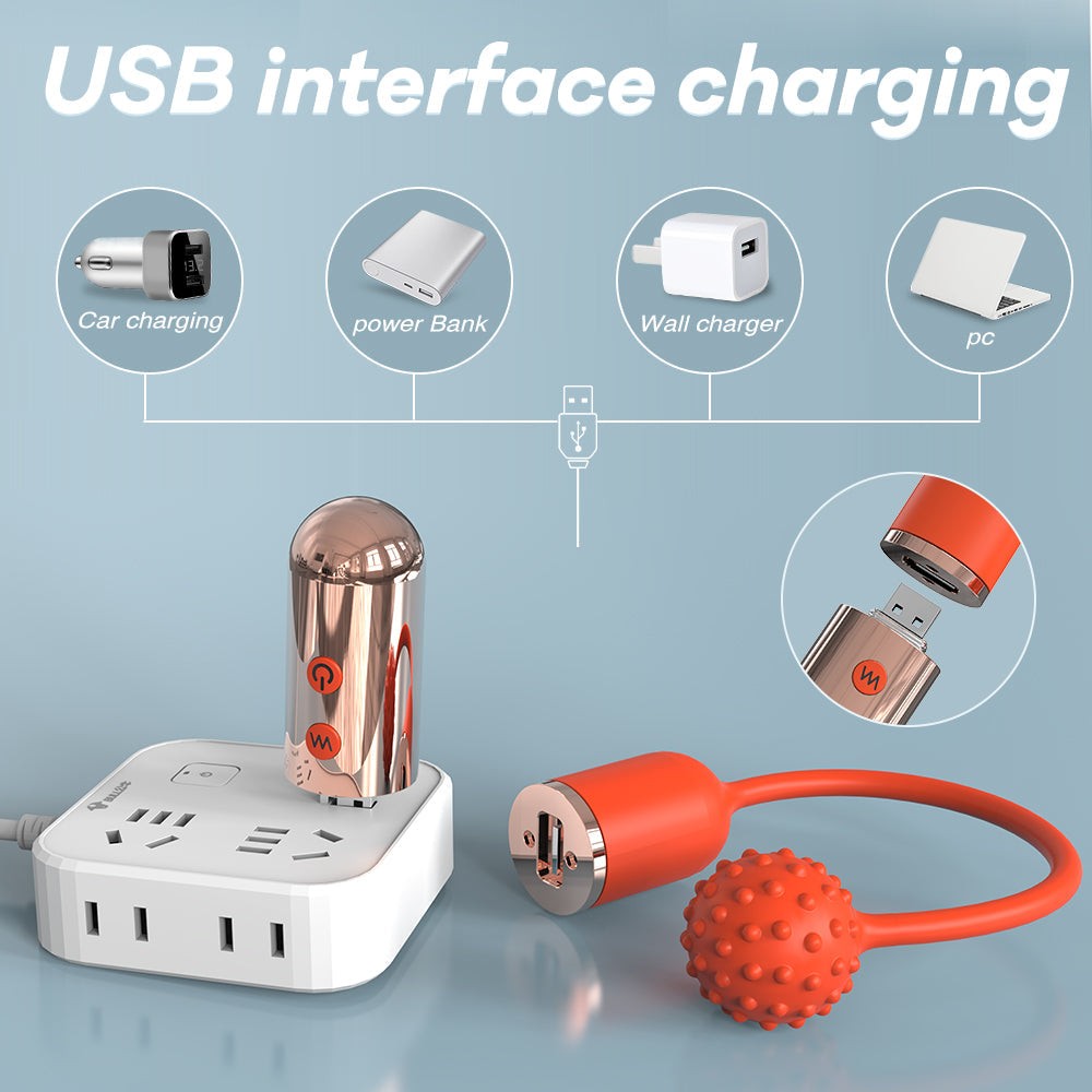 Mini wireless vibrating wand with USB interface charging and detachable accessories.