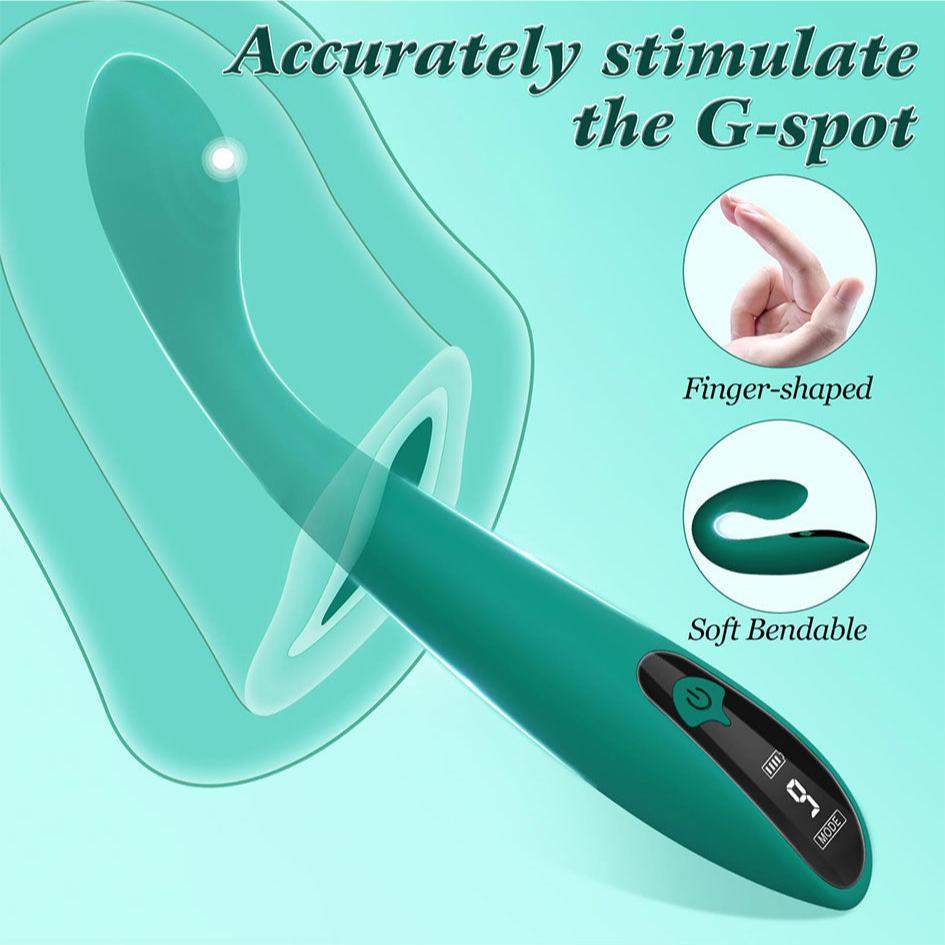 G Spot Vibrator with LCD display, finger-shaped design, and bendable silicone for clitoral stimulation.