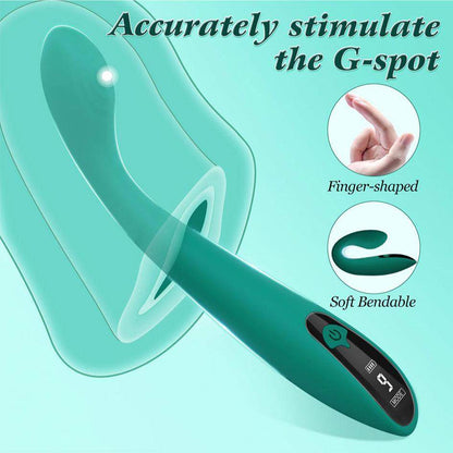 G Spot Vibrator with LCD display, finger-shaped design, and bendable silicone for clitoral stimulation.