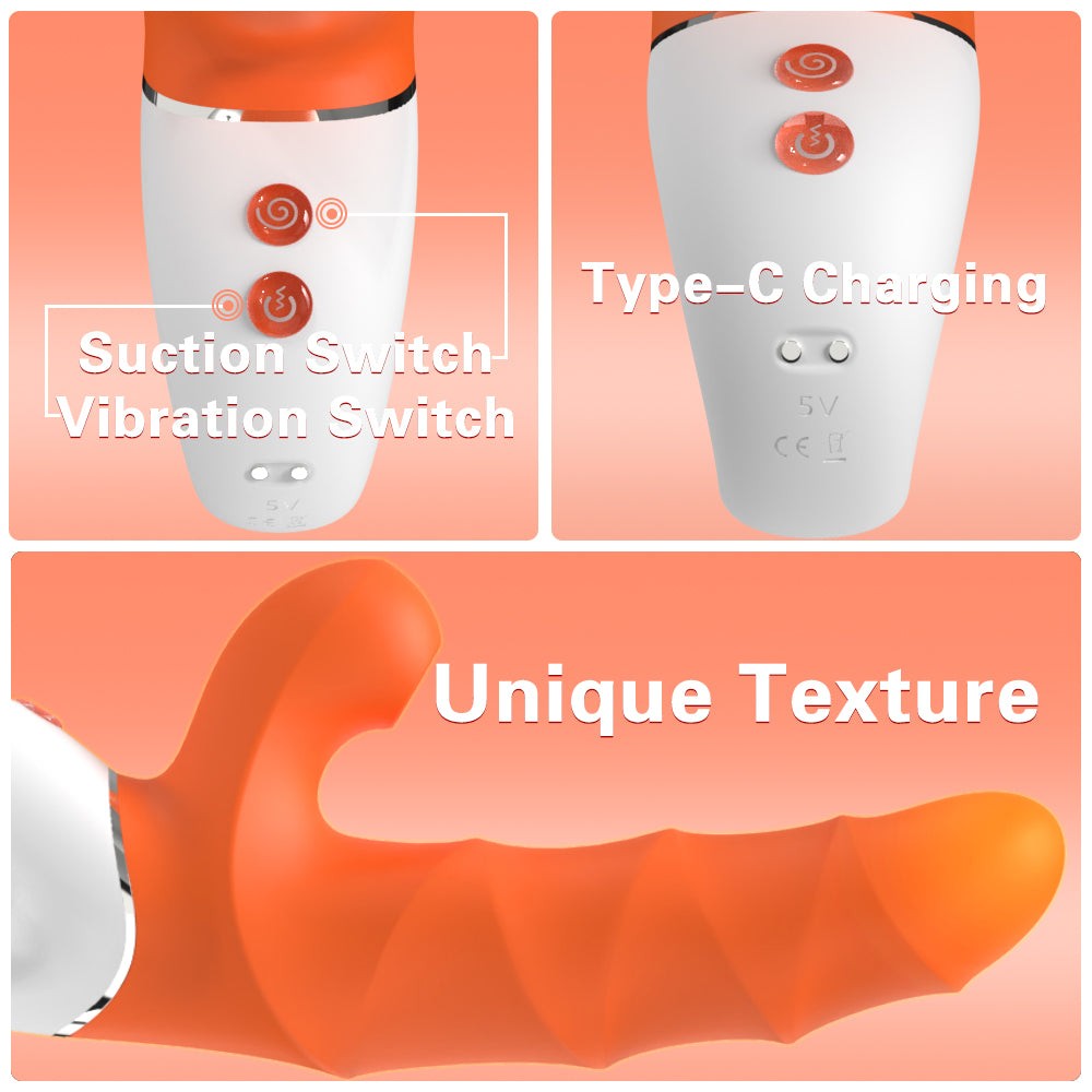 2-in-1 Greedy Girl dual-control suction vibrator with ribbed texture and Type-C charging.