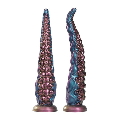 Realistic monster tentacle dildo with suction cup base in marble blue and deep sea copper.