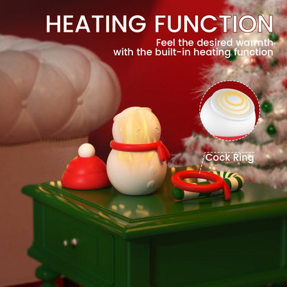 3-in-1 Heart sucking licking vibrating stimulator with Christmas snowman design on table.