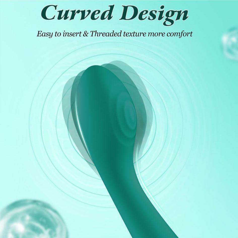 Curved design vibrator with threaded texture for comfort, ideal for G-spot and clitoral stimulation.