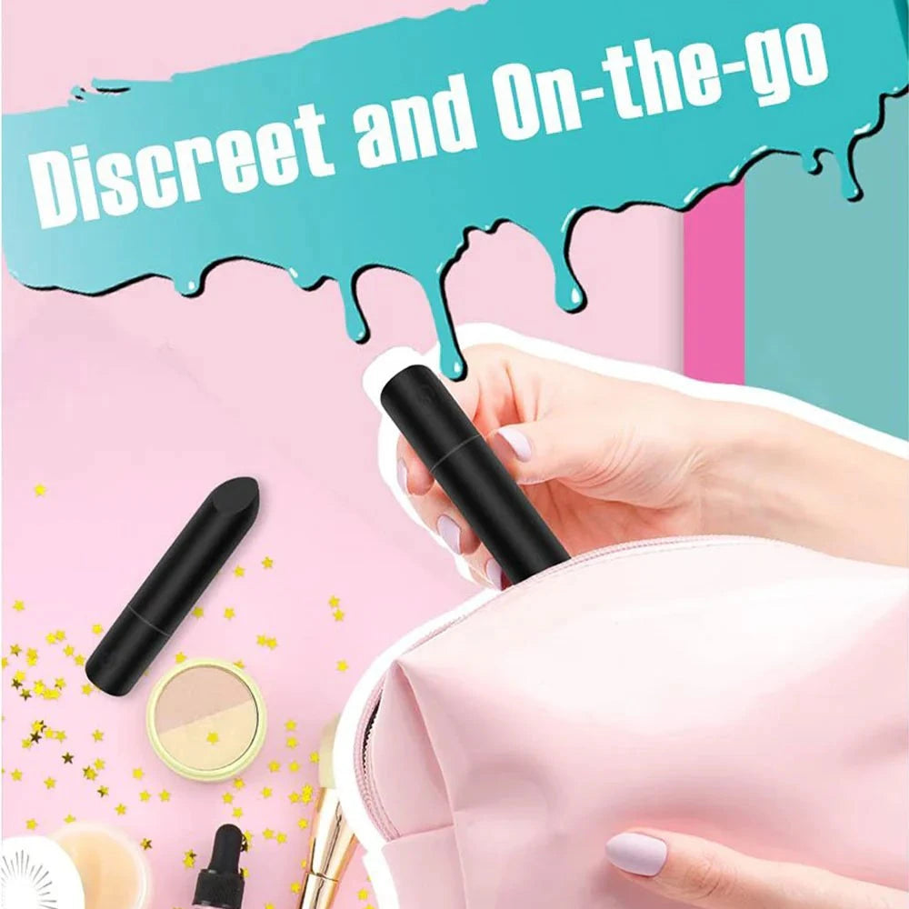 Bullet vibrator with angled tip for precision clitoral stimulation, discreet and portable design in a hand and bag, focus on powerful sensations.