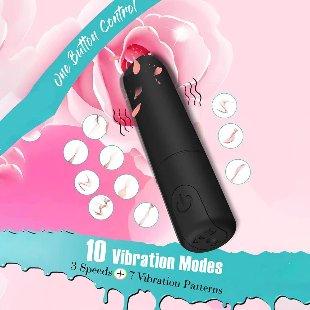 Bullet vibrator with angled tip for precision clitoral stimulation, 10 vibration modes.