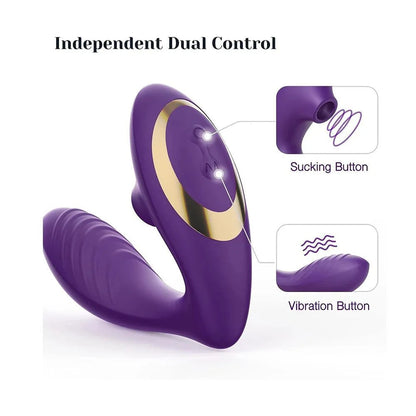 Purple dual-function vibrator with independent dual control for vibration and suction, featuring 7 suction speeds and 10 vibration modes, rechargeable via USB.